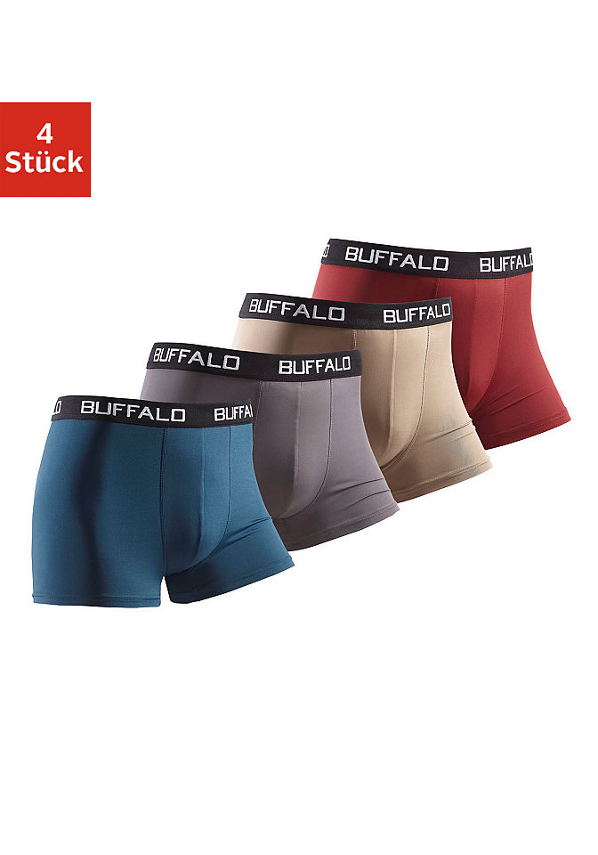 Комплект: боксёры, Buffalo (4 шт.) Otto Комплект: боксёры, Buffalo (4 шт.) OttoБоксерские шорты<br>Обычная посадка. Однотонного цвета с контрастным поясом и логотипом BUFFALO по всей длине. 2 вида материала: хлопчатобумажный материал стретч из 95 % хлопка, 5 % эластана. Микрофибра из 92 % полиамида, 8 % эластана.<br><br>Size DE: S<br>Colour: Комплект расцветок<br>Gender: Мужской<br>Age: Взрослый<br>Material: Верх: 92% полиамид / 8% эластан